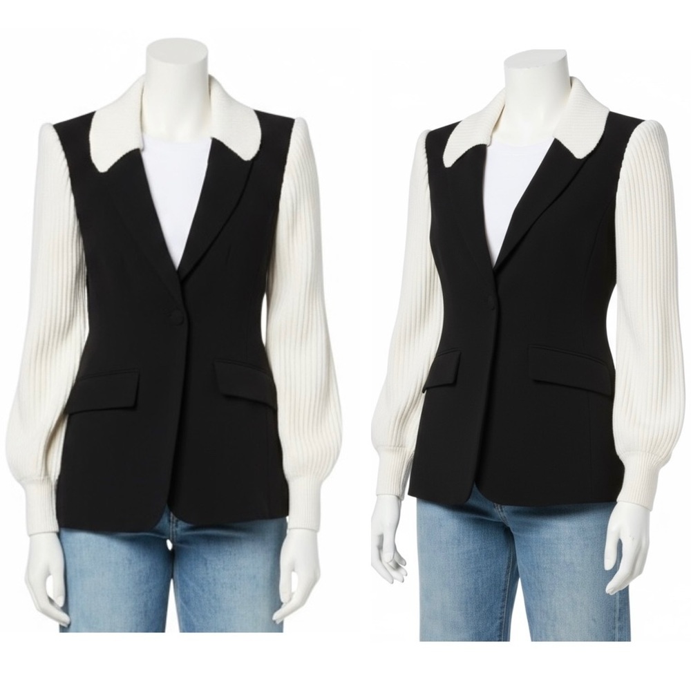 Cinq A Sept Women’s Cheyenne Knit Combo Tailored Black and Ivory Blazer Size 8 - Picture 5 of 12